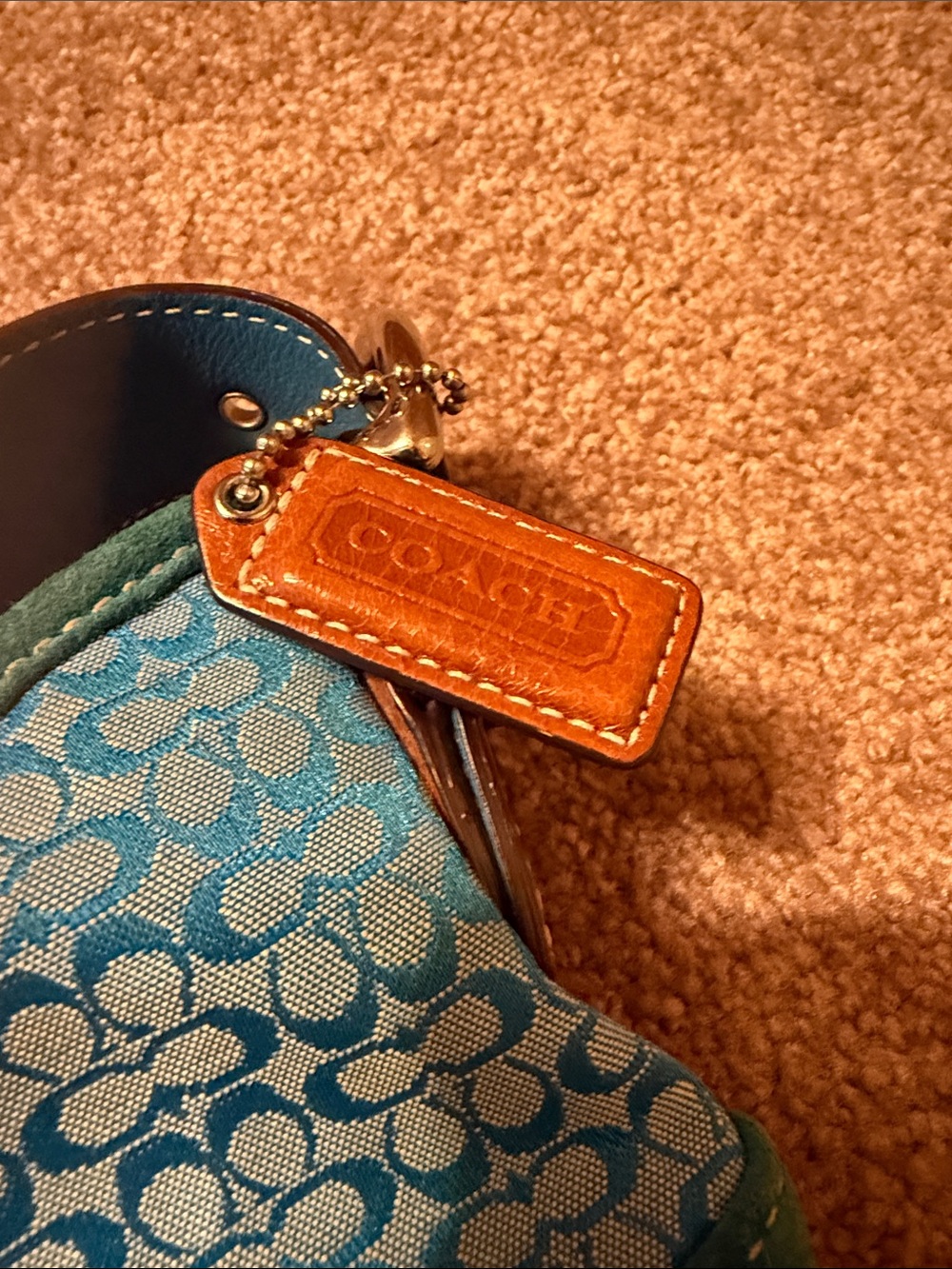 Coach Teal Signature Canvas and Suede Shoulder Bag with Brown Strap - Picture 2 of 3